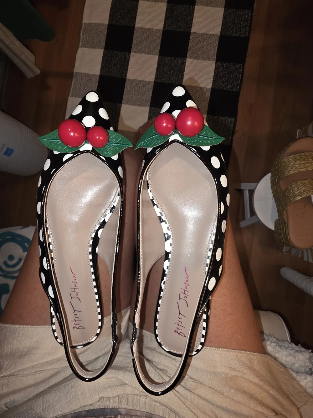 Betsey Johnson Black & White Polka Dot Slingback Flats with Cherry Detail